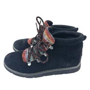 Bobs by Skechers Womens Size 7.5 Ankle Boots Black Suede Lace Up Aztec Print